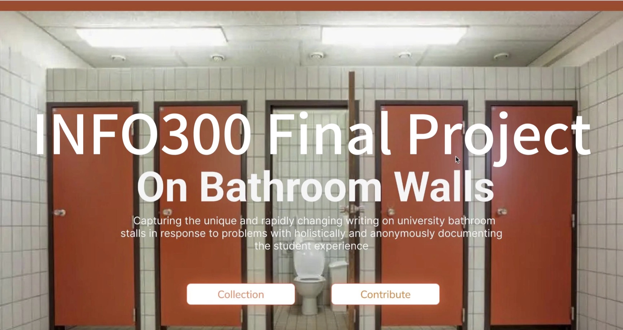 On Bathroom Walls project title card over a photo of university bathroom stalls