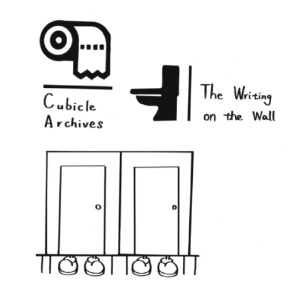 Early hand-drawn logo concept sketches: toilet paper roll, stall doors, and wordmark