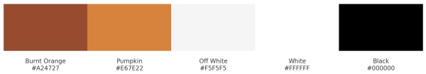 Colour palette: burnt orange, pumpkin, off white, white, and black
