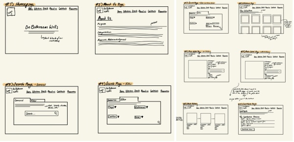Hand-drawn wireframe sketches for the homepage, about, and search pages