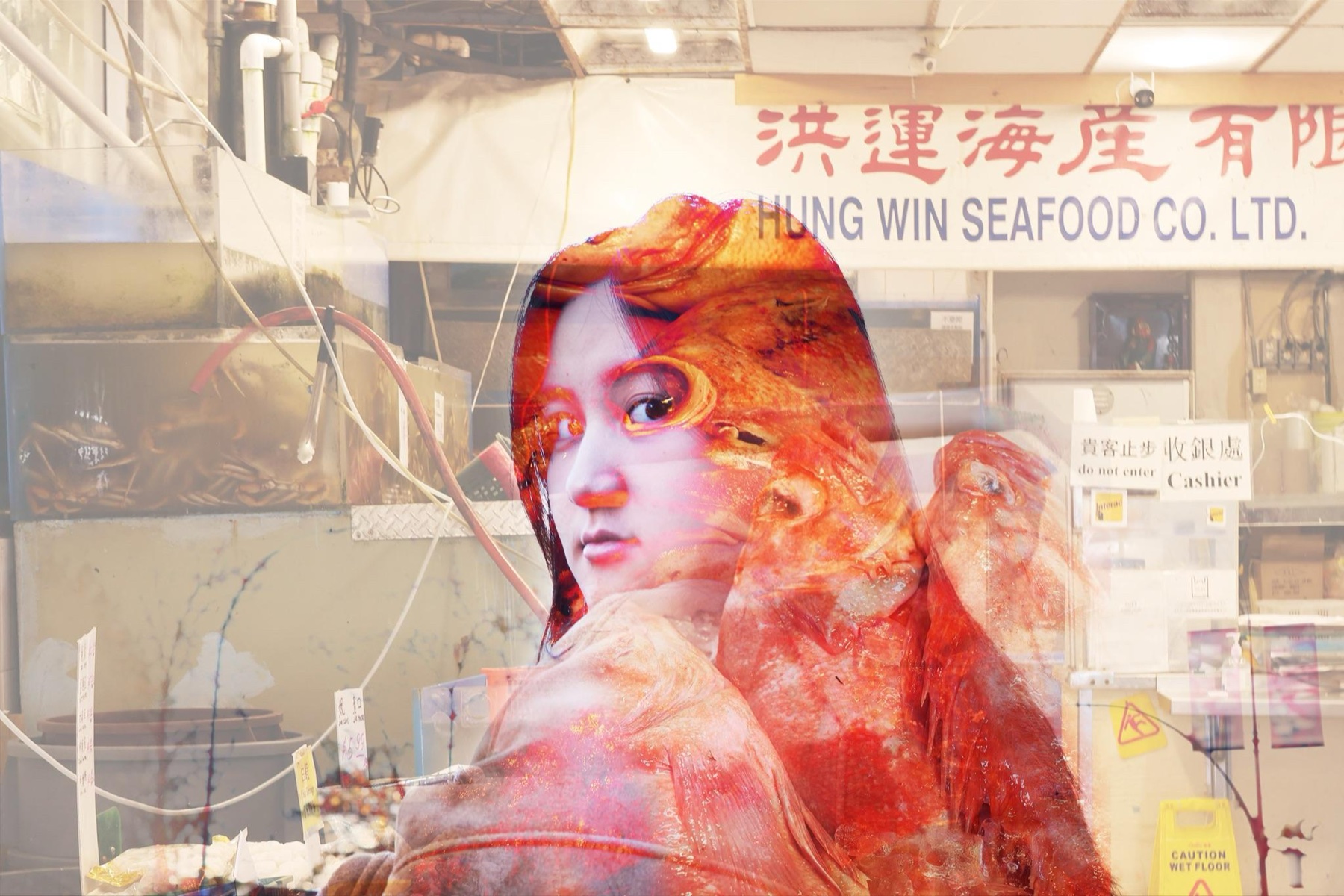 Double exposure of a portrait with a Chinatown seafood market, Hung Win Seafood Co.