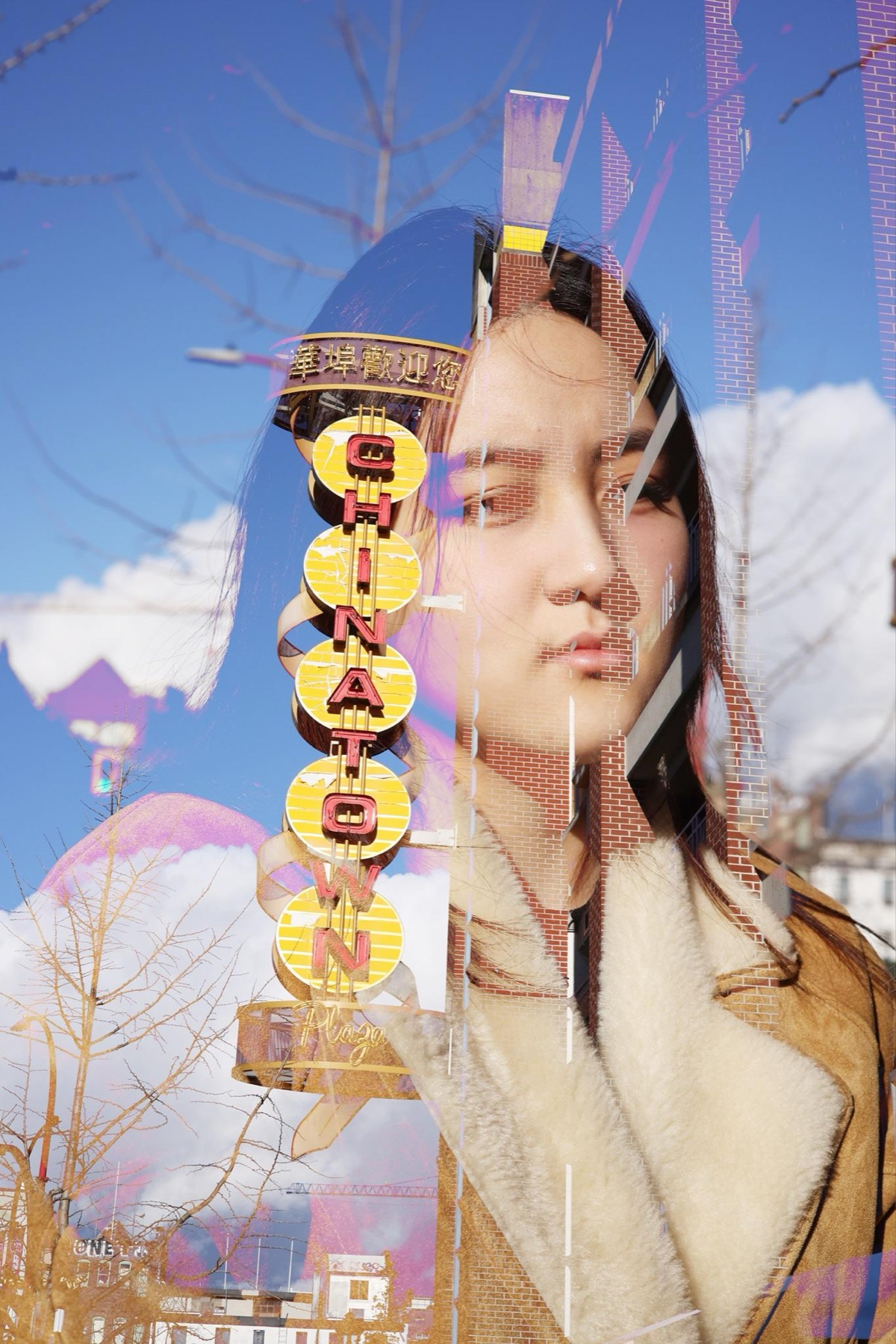 Double-exposure self-portrait fused with Vancouver Chinatown's gate signage, from the series The Chinese Echo