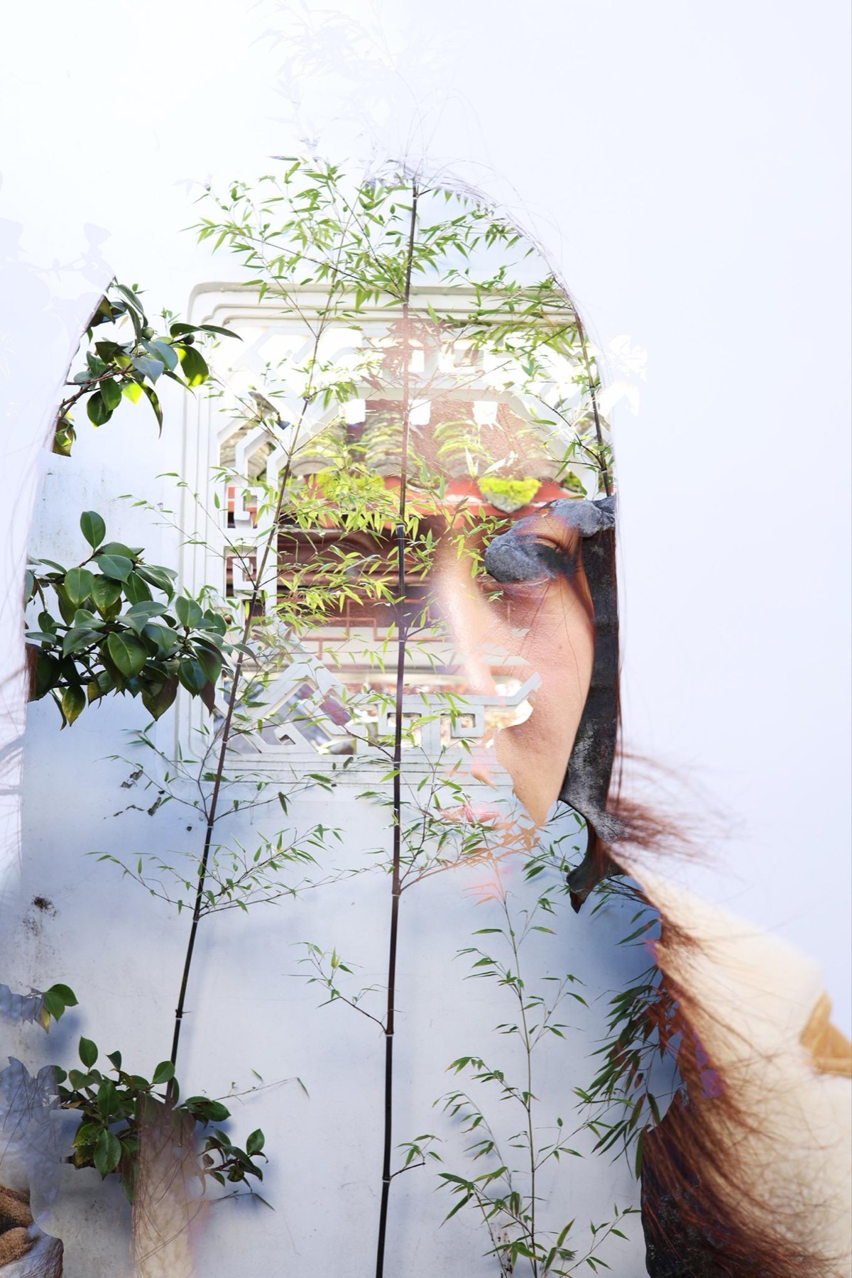 Double exposure portrait blended with a traditional Chinese garden, second panel